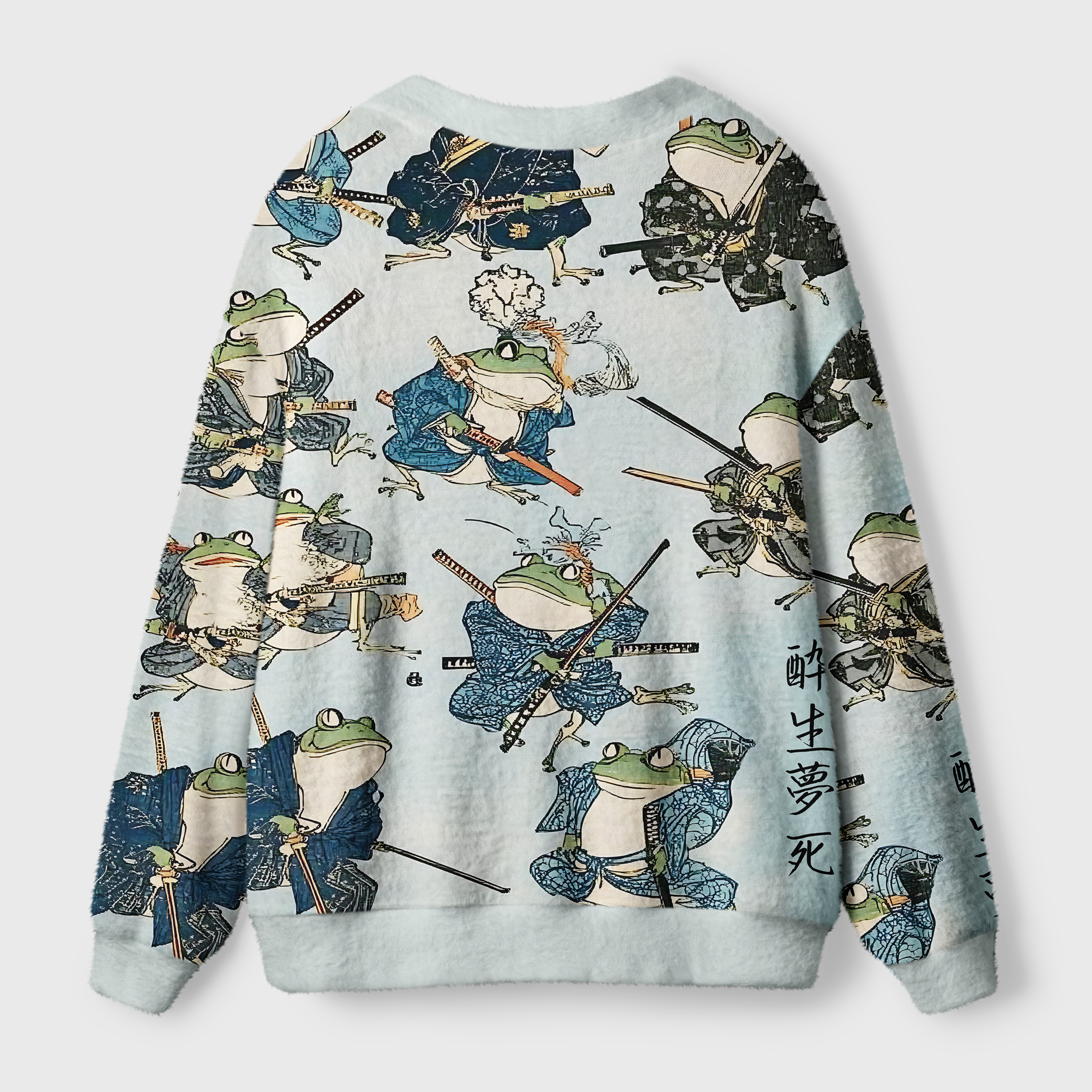 Frog Samurai Cardigan Sweater Back view of the cozy frog samurai cardigan sweater showcasing detailed samurai frogs in action.