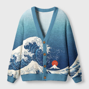 Front view of the great wave off fuji cardigan sweater featuring vibrant blue hues and intricate wave designs.