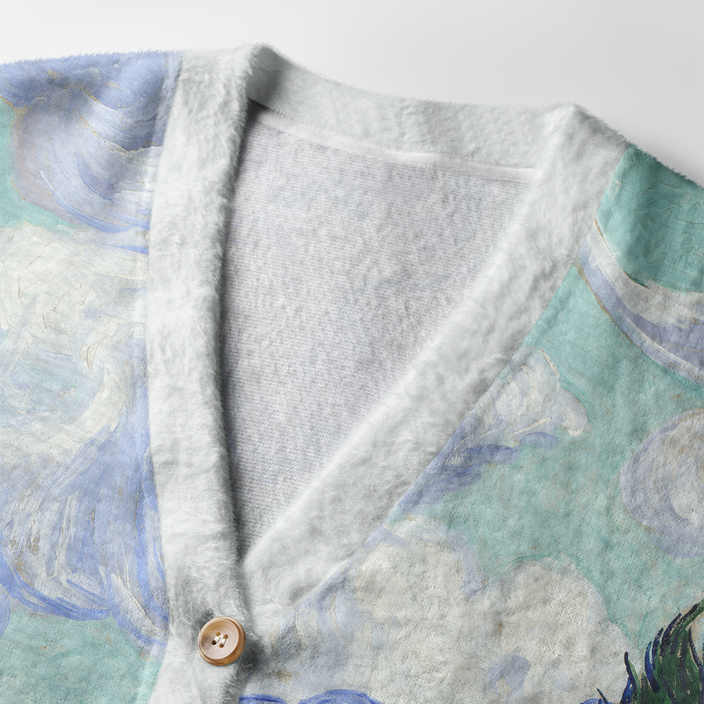 Black Cat Wheat Field Cardigan | Artistic Cat Design Close-up detail of the black cat wheat field cardigan's button design and fabric texture, emphasizing artistry.
