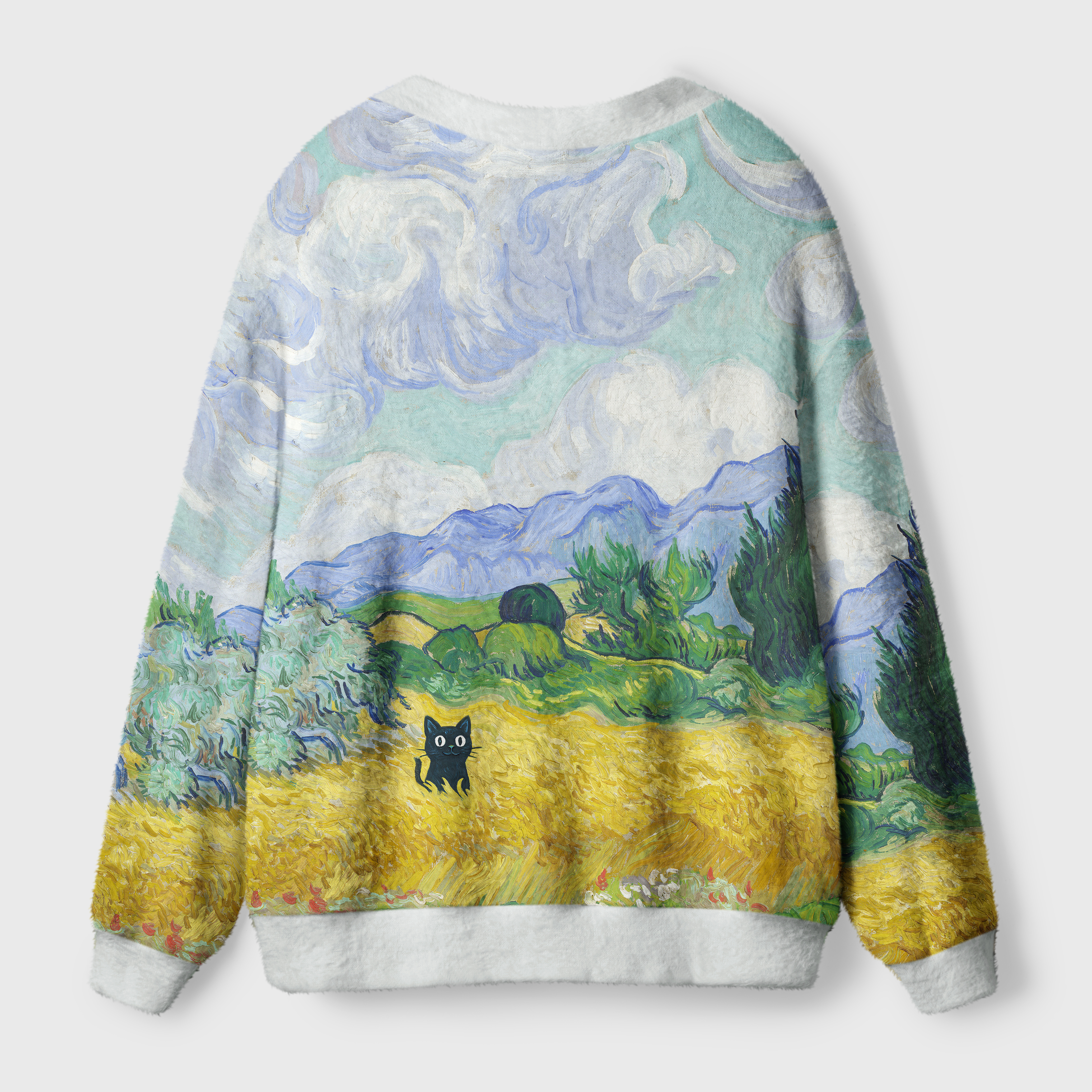 Black Cat Wheat Field Cardigan | Artistic Cat Design Back view of the black cat wheat field cardigan highlighting the unique wheat field pattern and cozy fit.