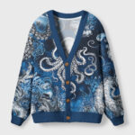 Front view of the deep sea octopus cardigan sweater featuring vibrant ocean designs in deep blue hues.