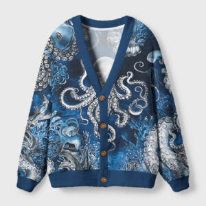 Front view of the deep sea octopus cardigan sweater featuring vibrant ocean designs in deep blue hues.