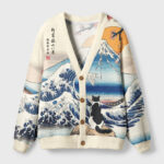 Front view of the cat and great wave cardigan sweater showcasing vibrant Japanese cat design and buttons.