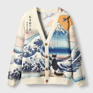 Front view of the cat and great wave cardigan sweater showcasing vibrant Japanese cat design and buttons.