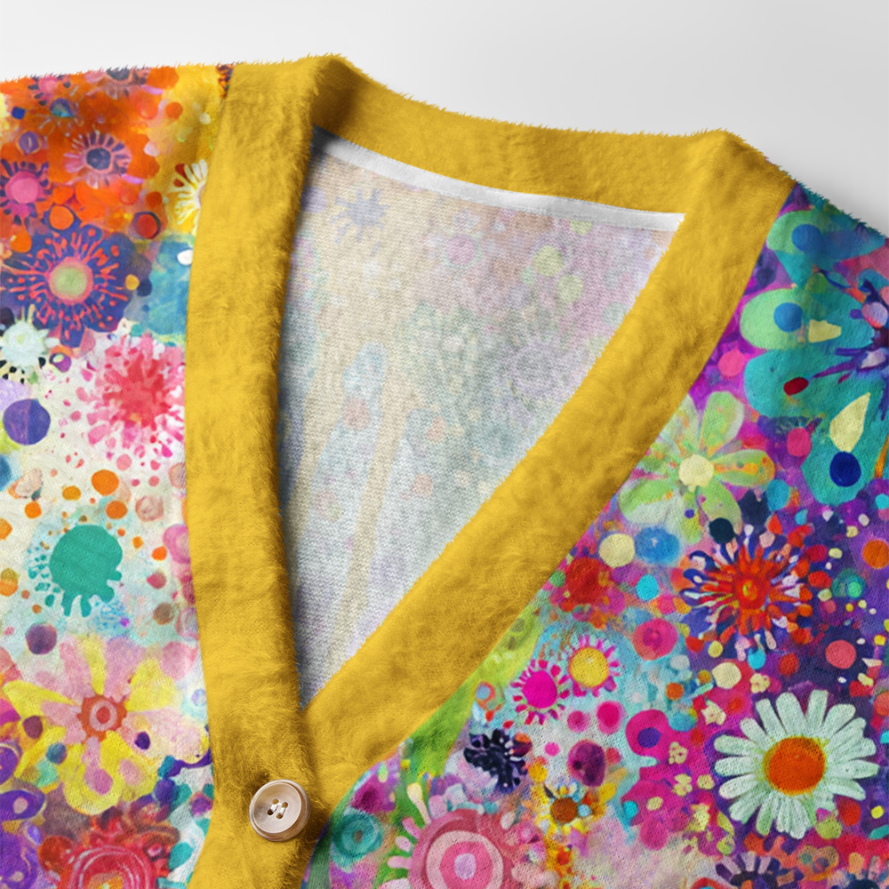 Cat Among Flowers Cardigan Sweater | Floral Cat Design Close-up detail of the cat among flowers cardigan sweater highlighting the intricate floral design and buttons.