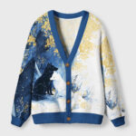Front view of the wolf's embrace cardigan sweater featuring a vibrant wolf design in navy and white.