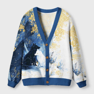 Front view of the wolf's embrace cardigan sweater featuring a vibrant wolf design in navy and white.
