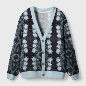 Front view of the Lotus Zen Cardigan Sweater showcasing its botanical design with soft blue accents.
