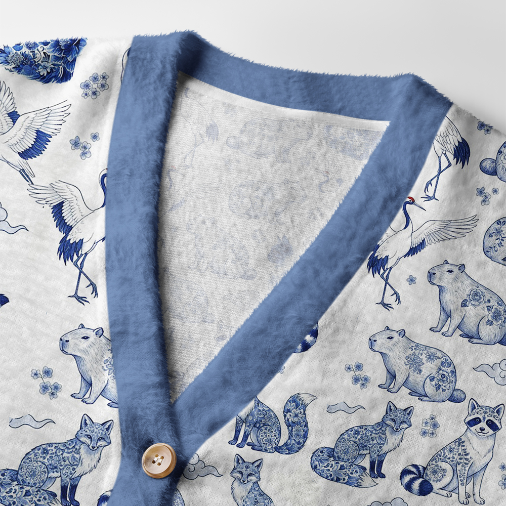 Floral Animals Cardigan Sweater Close-up of the floral animals cardigan sweater displaying detailed animal motifs and cozy texture.