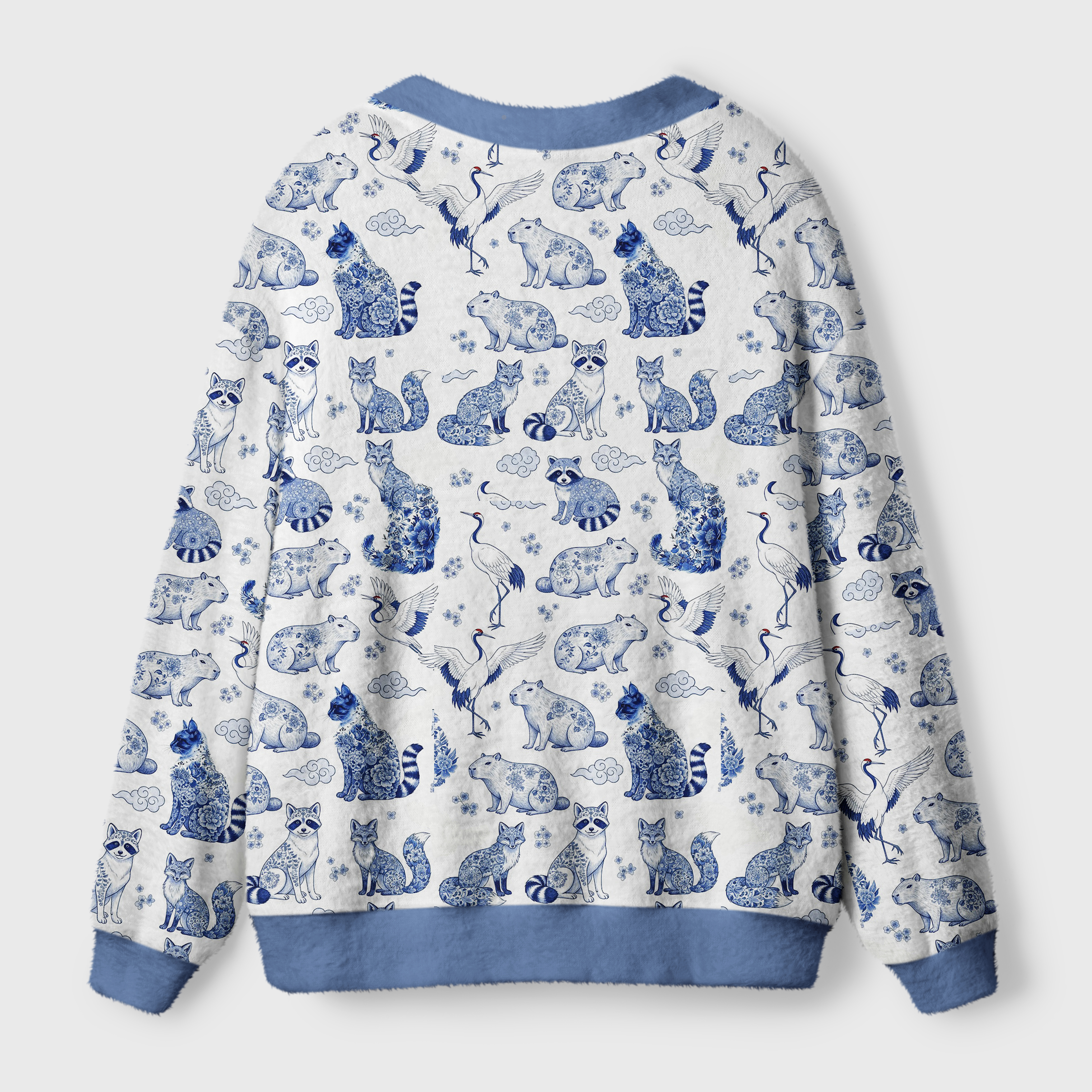 Floral Animals Cardigan Sweater Back view of the floral animals cardigan sweater showcasing the intricate nature art design on a soft fabric.