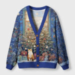 Front view of the Meowy Christmas Wonderland Cardigan featuring a festive cat and Christmas tree design in blue.