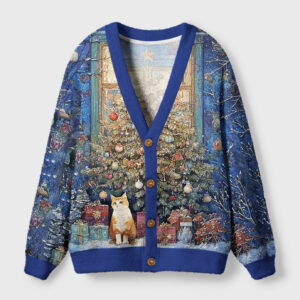 Front view of the Meowy Christmas Wonderland Cardigan featuring a festive cat and Christmas tree design in blue.