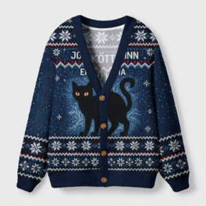 Front view of the yule cat cardigan sweater showcasing a black cat design against a navy blue background.