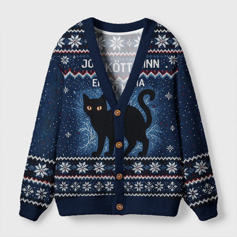 Yule Cat Cardigan Sweater | Cozy Festive Design Front view of the yule cat cardigan sweater showcasing a black cat design against a navy blue background.