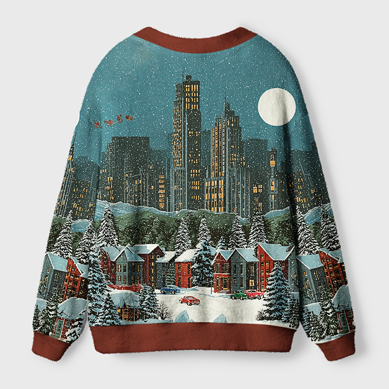 Cozy Winter City Cardigan Sweater | Urban Style Back view of cozy winter city cardigan sweater featuring a snowy cityscape and vibrant colors perfect for winter outings.