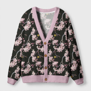 Front view of the sakura breeze cardigan sweater featuring a black base with pink floral design and soft trim.