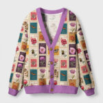 Front view of the vintage floral stamp cardigan featuring vibrant botanical designs and a cozy purple trim.