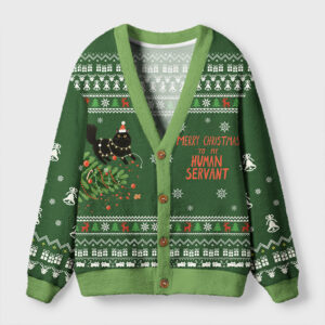 Front view of the funny Christmas cat cardigan in green, featuring a whimsical cat design and festive text.