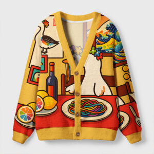 Front view of the spaghetti goose cardigan sweater featuring vibrant colors and funny animal design.