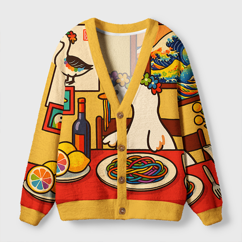 Spaghetti Goose Cardigan Sweater | Funny Animal Design Front view of the spaghetti goose cardigan sweater featuring vibrant colors and funny animal design.