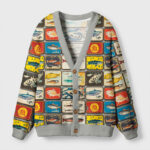 Vintage fish collection cardigan in gray with colorful sea life prints, front view showcasing buttons and design.