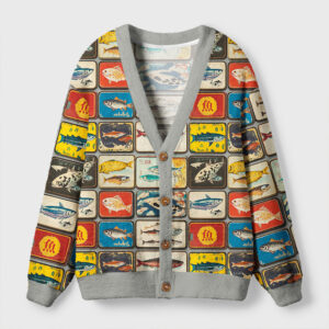 Vintage fish collection cardigan in gray with colorful sea life prints, front view showcasing buttons and design.