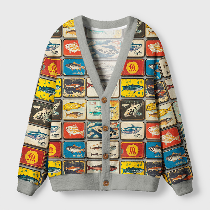 Vintage Fish Collection Cardigan | Retro Sea Life Design Vintage fish collection cardigan in gray with colorful sea life prints, front view showcasing buttons and design.