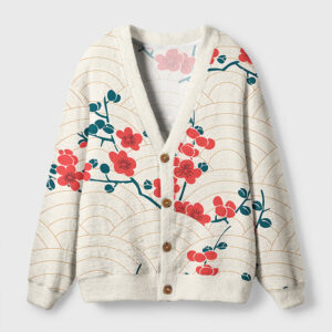 Front view of the blossom wave cardigan sweater, featuring a creamy base with vibrant red floral designs.