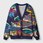 Front view of the koinobori cardigan sweater featuring vibrant fish designs on a navy background.