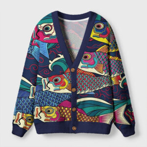 Front view of the koinobori cardigan sweater featuring vibrant fish designs on a navy background.