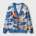 Front view of the sumo koi cardigan sweater featuring vibrant blue colors and intricate Japanese art design.