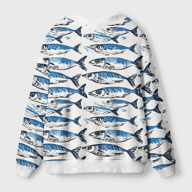 Oceanic Fish Cardigan Sweater | Sea Life Design Back view of the oceanic fish cardigan sweater showcasing the intricate sea life design in vibrant colors.
