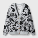 Front view of the crows among blossoms cardigan sweater featuring a floral bird design on a gray background.