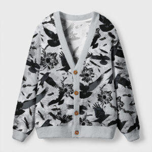Front view of the crows among blossoms cardigan sweater featuring a floral bird design on a gray background.