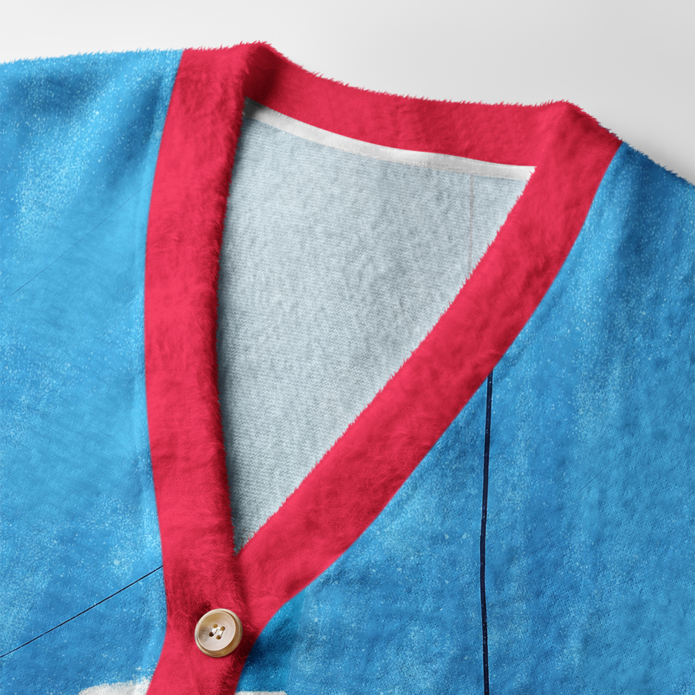 Skiing Chaos Cardigan Sweater | Funny Winter Sports Design Close-up detail of the skiing chaos cardigan sweater's soft fabric and buttons, highlighting its fun winter sports theme.
