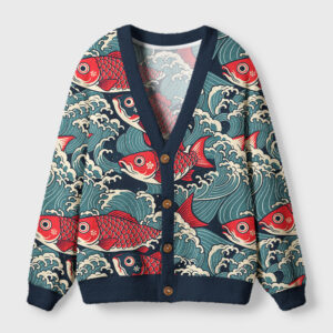 Front view of the koi wave cardigan sweater showcasing vibrant red fish against a navy background.