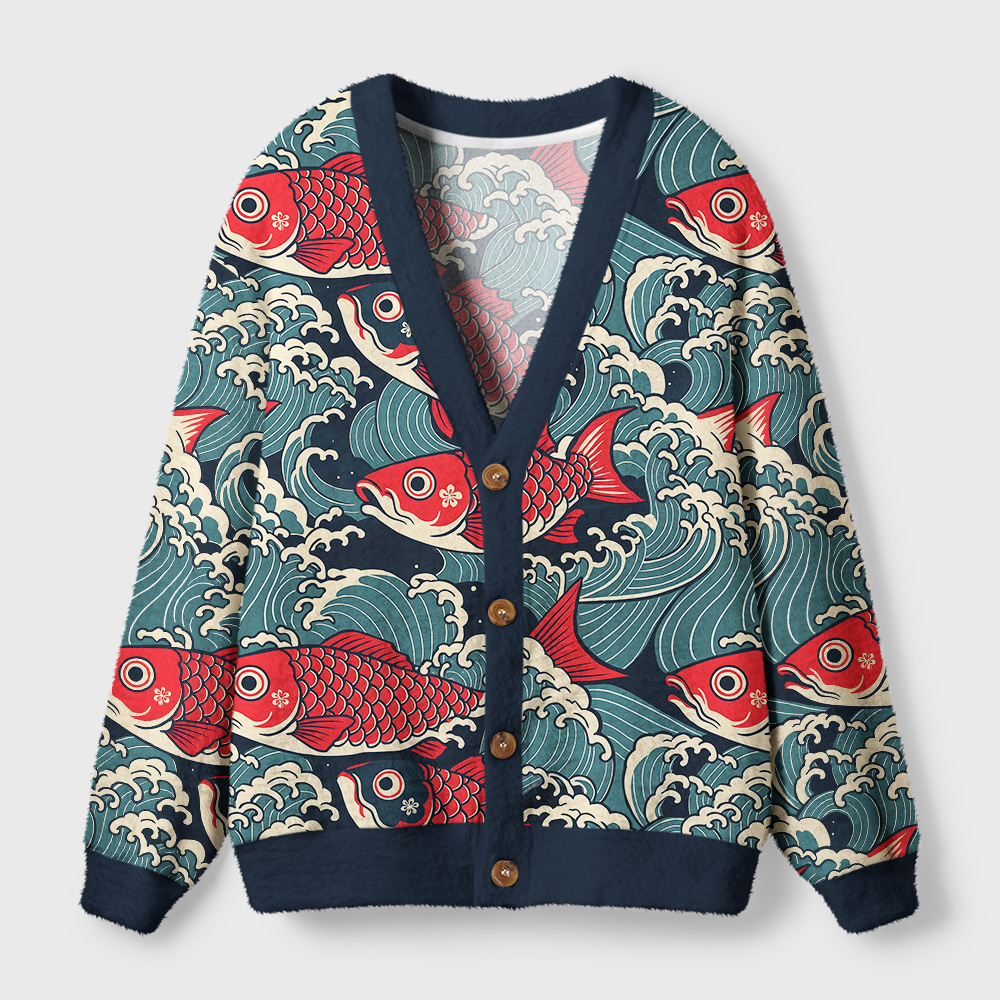 Koi Wave Cardigan Sweater | Japanese Fish Design Front view of the koi wave cardigan sweater showcasing vibrant red fish against a navy background.