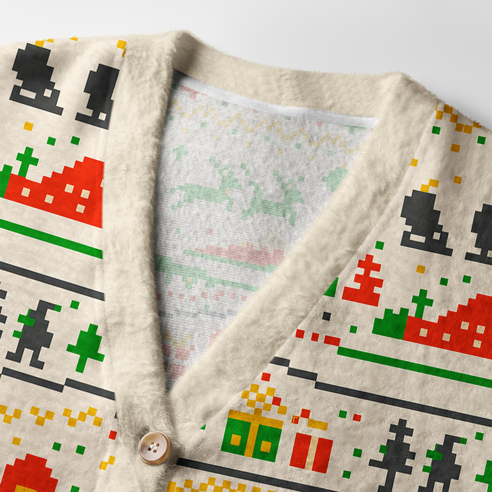 Pixel Christmas Cardigan Sweater | Retro Holiday Design Close-up detail of the pixel Christmas cardigan sweater highlighting the intricate retro design and cozy texture.