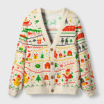 Front view of the pixel Christmas cardigan sweater featuring a colorful retro holiday design on a cream background.