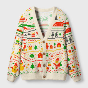 Front view of the pixel Christmas cardigan sweater featuring a colorful retro holiday design on a cream background.