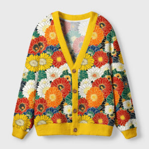 Front view of the chrysanthemum cardigan sweater showcasing its colorful floral design and vibrant yellow trim.