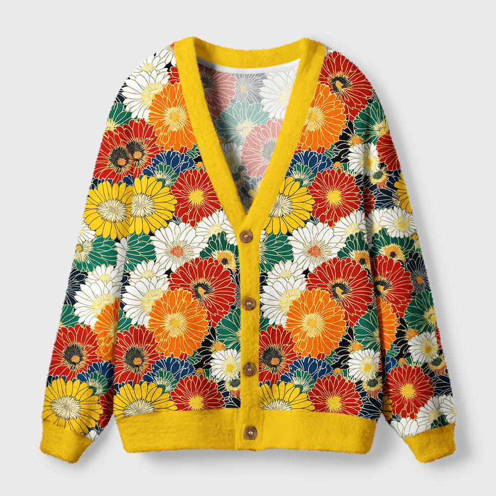 Chrysanthemum Cardigan Sweater Front view of the chrysanthemum cardigan sweater showcasing its colorful floral design and vibrant yellow trim.