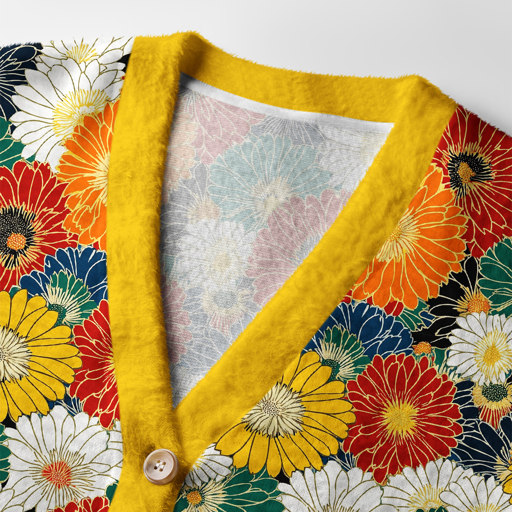 Chrysanthemum Cardigan Sweater Close-up detail of the chrysanthemum cardigan sweater's intricate floral design and soft texture, perfect for any outfit.