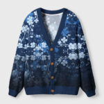Front view of the midnight blossoms cardigan sweater showcasing its dark floral design and beautiful button details.