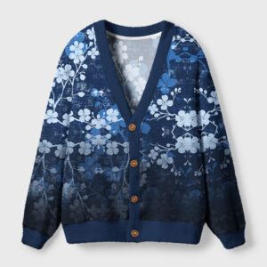 Front view of the midnight blossoms cardigan sweater showcasing its dark floral design and beautiful button details.