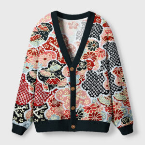 Front view of the floral symphony cardigan sweater featuring vibrant botanical art design and deep V-neck.