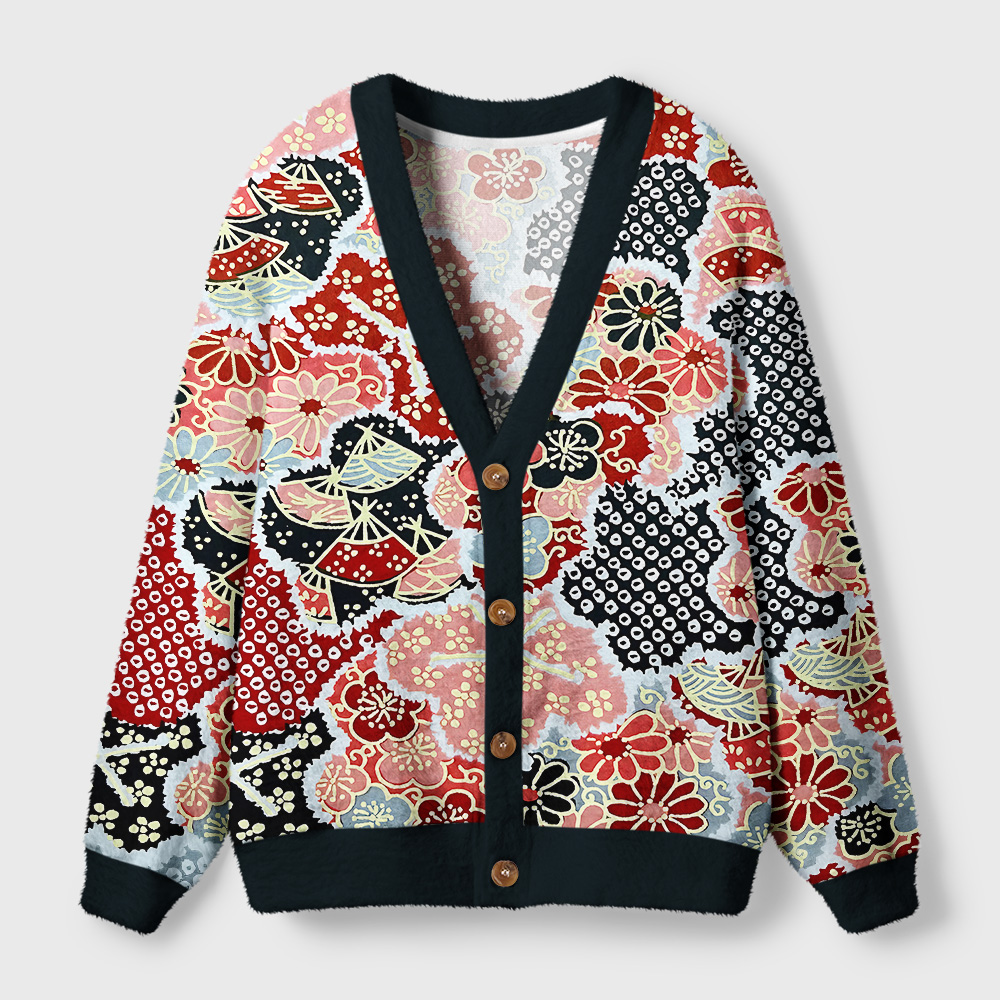 Floral Symphony Cardigan Sweater | Botanical Art Design Front view of the floral symphony cardigan sweater featuring vibrant botanical art design and deep V-neck.