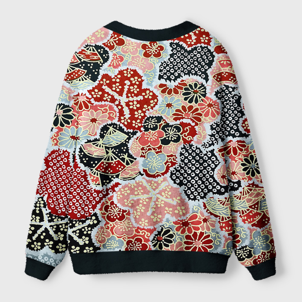 Floral Symphony Cardigan Sweater | Botanical Art Design Back view of the floral symphony cardigan sweater showcasing its colorful floral patterns and cozy fit.