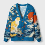Front view of the waves and cats cardigan sweater featuring a vibrant blue color and Japanese cat design.