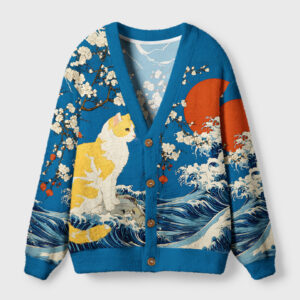 Front view of the waves and cats cardigan sweater featuring a vibrant blue color and Japanese cat design.